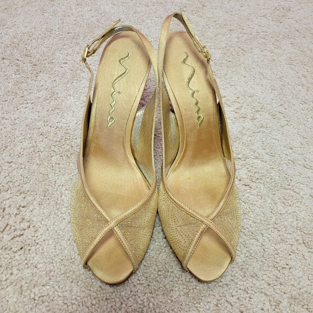 Nina Open Toe Gold Heels, Size 11M